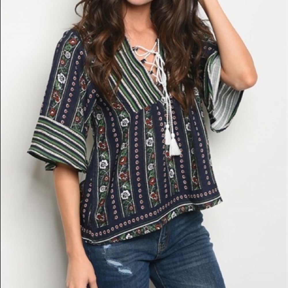 Navy Green Floral Top
